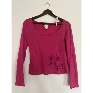 Self Esteem Y2K Long Sleeve Butterfly Floral Pink Embroidered Cropped Top SZ L